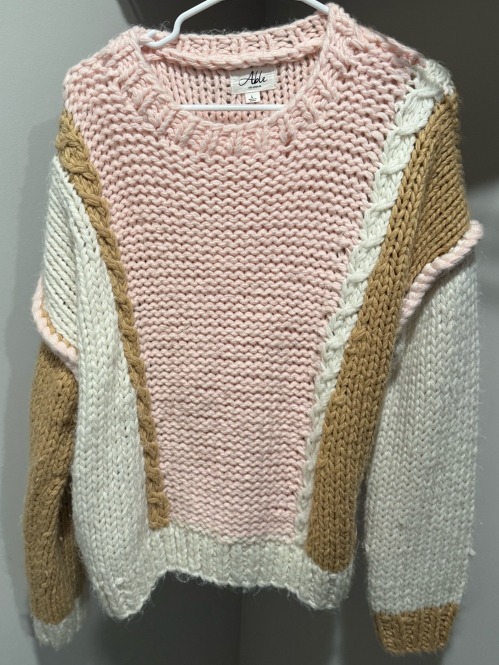 Able Colorblock Crewneck Sweater in Pink, Cream & Tan